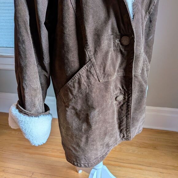 Vintage 90s Midwest Traders Suede Chore Coat Faux Sherpa Leather Jacket Size L - Picture 5 of 10